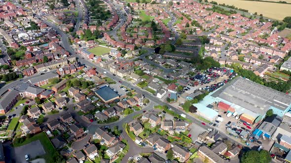Aerial footage of the British town of Ossett, a market town in the UK alt