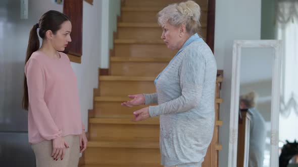 Side View of Angry Young and Senior Women Arguing Yelling and Gesturing Standing in Living Room alt