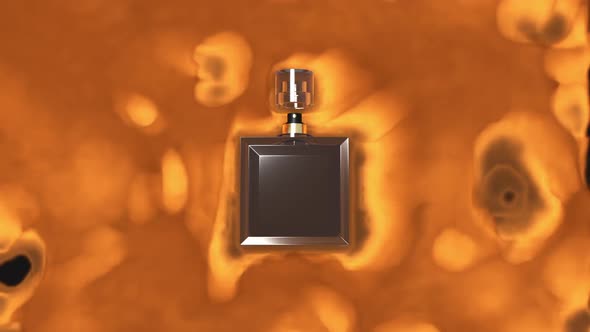 Advertising bottle of perfume on a fiery background.