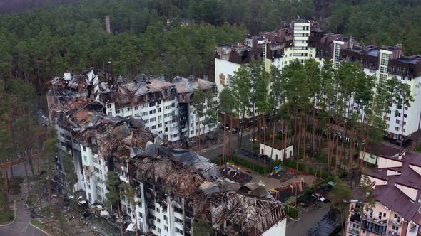 Aerial view of the destroyed and burnt houses. Houses were destroyed by rockets.