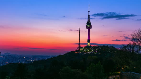 View of Seoul City Skyline and Seoul Tower at Sunset South Korea