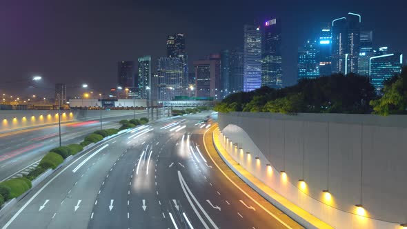 Traffic view with background Singapore landmark financial business district with skyscraper, alt