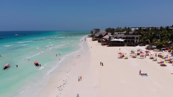 Aerial View Paradise Sandy Beach with Clear Turquoise Ocean Zanzibar Africa alt