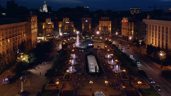 Aerial Flying Drone View of Night Kiev City Center alt