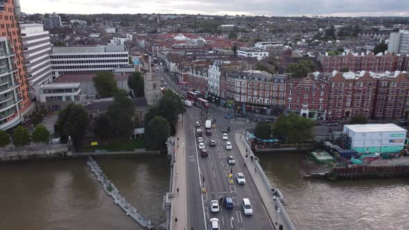 A Drone View of Putney Bridge and the Waterfront in Fulham London
