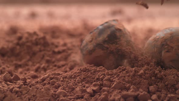 Chocolate truffles falling into chocolate powder in super slow motion.  Shot on Phantom Flex 4K high