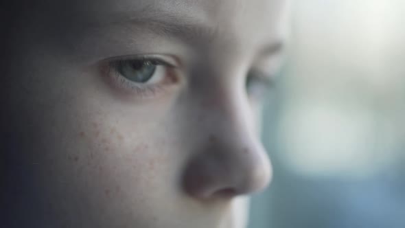 Close Up Eyes of Child Looking on Window From Home
