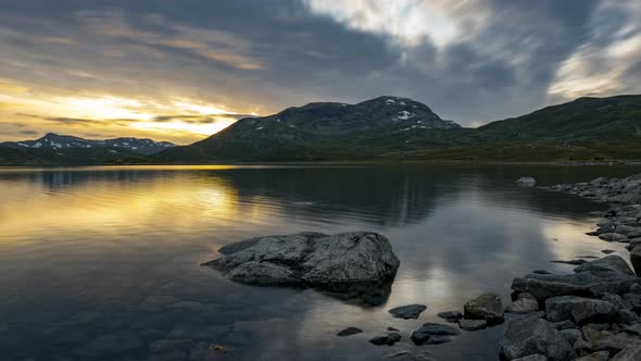 Breathtaking Sunset Scenery By The Vavatnet Lake In Hemsedal, Norway - timelapse alt