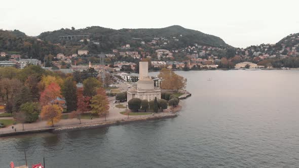 Lakeside view of Volta Temple and promenade, Como city, Lombardy, Italy. Aerial view alt