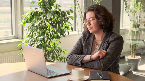 Employee interview. Online meeting video conference on webcam. Business woman talking video call  alt