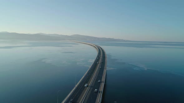 Aerial Drone View Lowwater Bridge Across Bay Moving Car alt