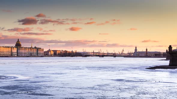 Russia SaintPetersburg Time Lapse of the Water Area of the Neva River at Sunset the Winter Palace alt