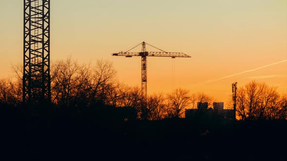 Tower Crane Working on Construction Site Orange Evening Sky Trees Trembling in the Wind, Golden Hour alt