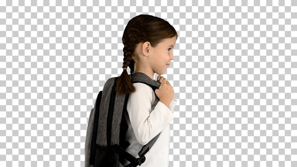 Smiling little girl walking to school, Alpha Channel alt