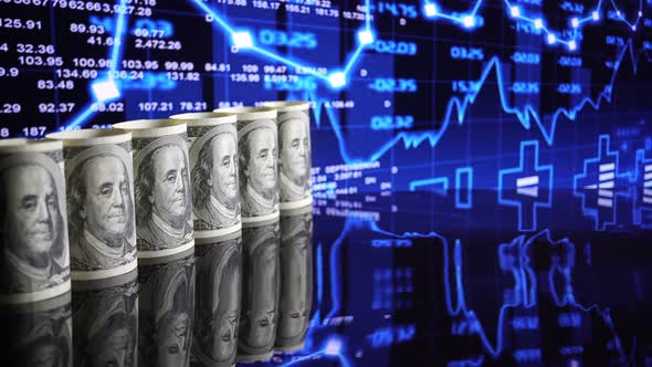 Hundred Dollar Bills On Background  Stock Market Tickers Financial Data.