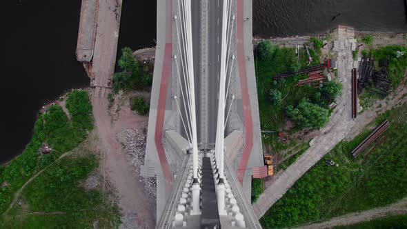 Vertical Aerial Drone Footage of the Cable Bridge in the City