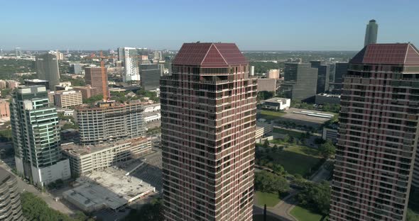 Aerial view of buildings and the surrounding area in Uptown Houston. This video was filmed in 4k for alt