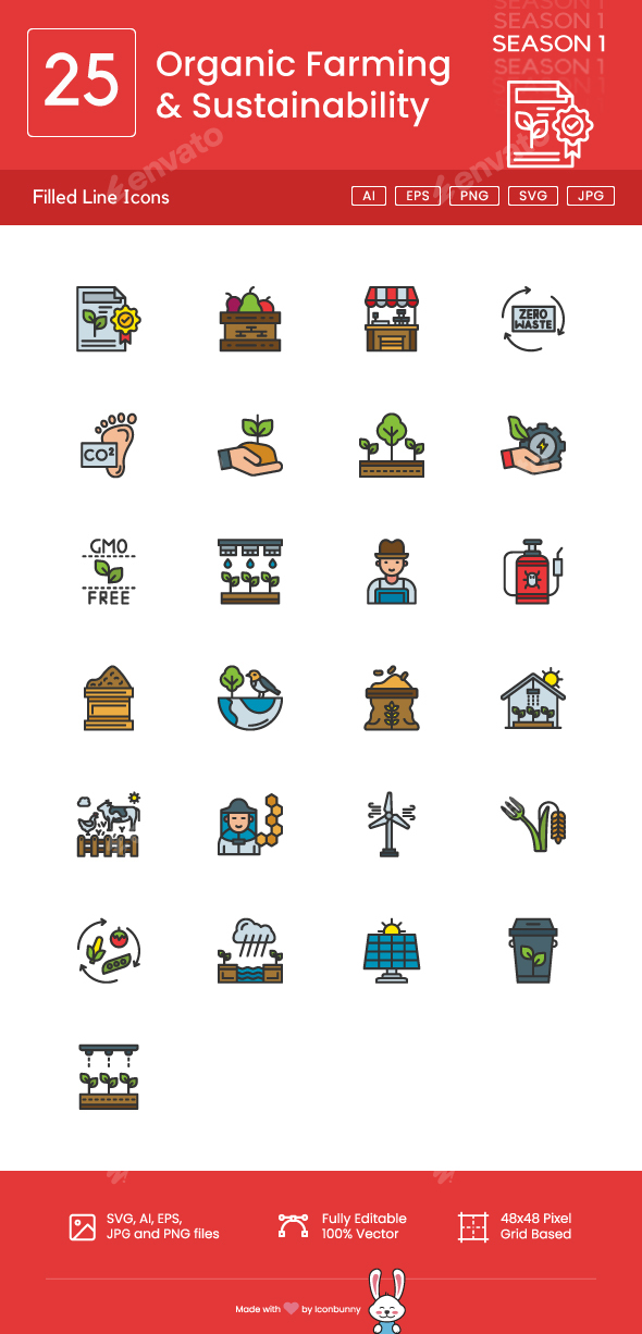25 Organic Farming & Sustainability Filled Line Icons