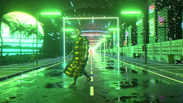 Cyberpunk Guy Dancing Against Retro Sunset Background alt