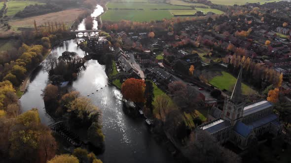 1 E Stratford Upon Avon Aerial Drone View River Avon Weir, Holy Trinity Church Autumn Sunny Bright
