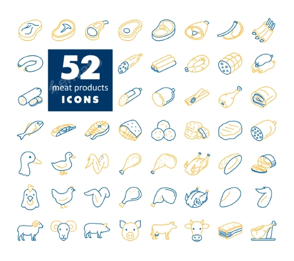 Big Meat Products Outline Vector Icon Set