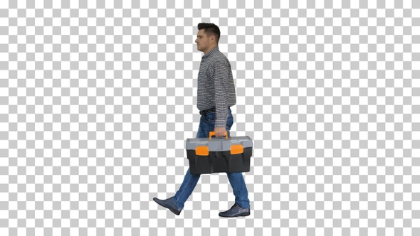 Professional repairman concept Handyman walking with tool alt