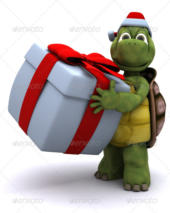 Cute Turtle Carrying a Christmas Gift - 3D Backgrounds