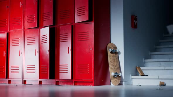 Scary abounded school hallway. Wind blowing and moving red lockers' doors. alt