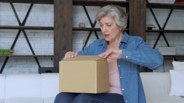 Elderly Woman Sit on Couch in Living Room Open Cardboard Box Shopping Online at Home. Delivery alt