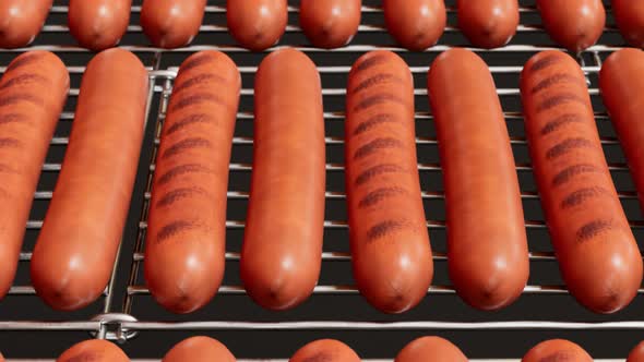 Animation of grilling sausages. Roasted rotating sausages on the grill. Barbeque alt