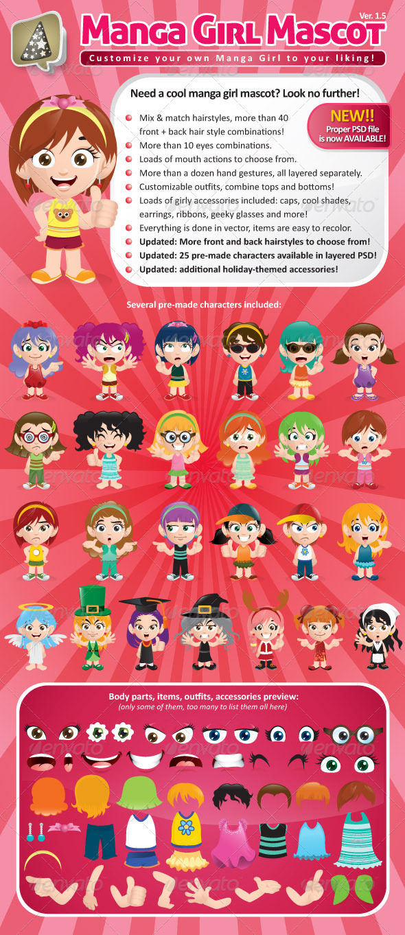 Manga Girl Mascot Creation Kit - Characters Vectors
