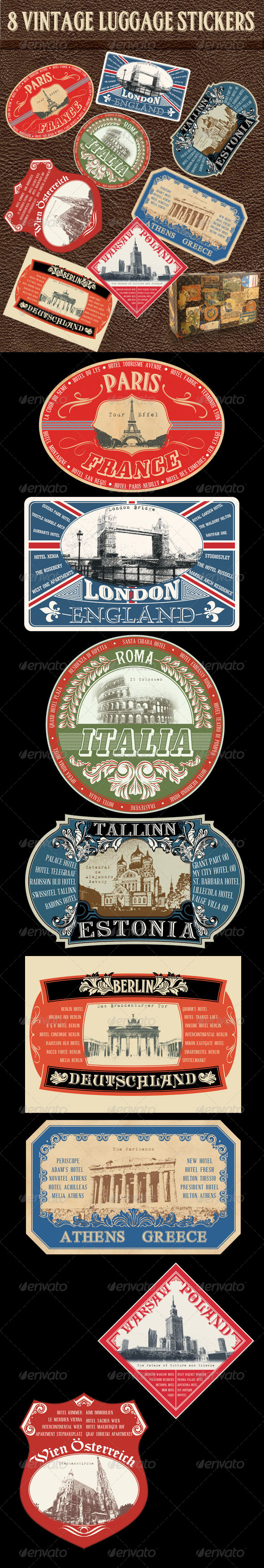 8 Vintage Luggage Stickers - Badges & Stickers Web Elements