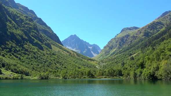 View lake scenes in mountains, national park Dombai