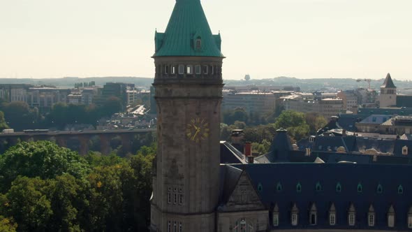 Establishing Aerial Shot of Luxembourg City with Landmark Bank Museum Building