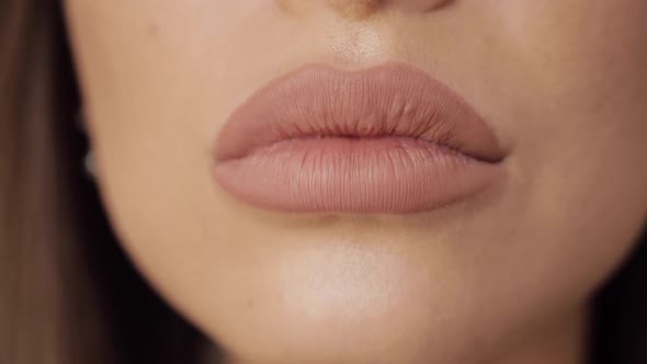 Extreme Close-up Plump Female Sexy Lips Wearing Nude Lipstick Making Kiss and Smiling