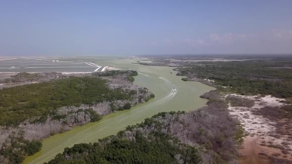 Aerial view on Mexican jungle and a lagoon in Rio Lagartos in Yucatan in Mexico alt