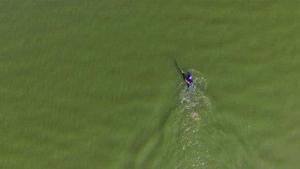 Woman Is Swimming in Lake During Triathlon Training Outdoors