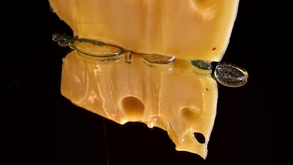 Drops of honey flow down from the cheese on a mirrored black background. alt