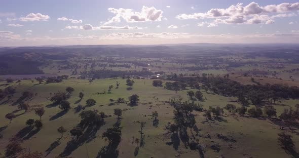 Aerial flight over forest in Australia with sun and clouds in the background, distance shot ascendin alt