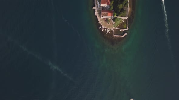 Aerial Footage of St. George and Monastery on the Islands Near Perast Town in Kotor Bay