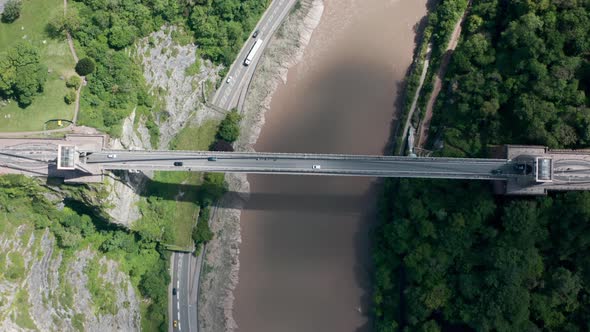 Rising top down drone shot of Clifton suspension bridge alt