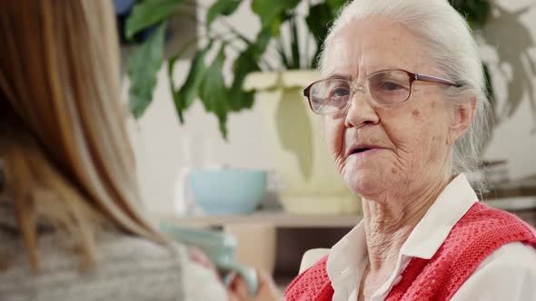 Positive Senior Woman Chatting with Daughter over Tea