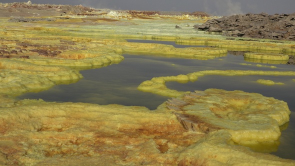 The colorful landscape of lake in Crater of Dallol Volcano. Sulphur pools of mineral in Ethiopia. alt