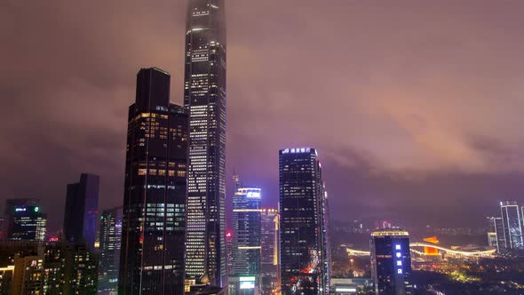Shenzhen Central Business District Aerial Panorama China Timelapse at Night Pan Up alt