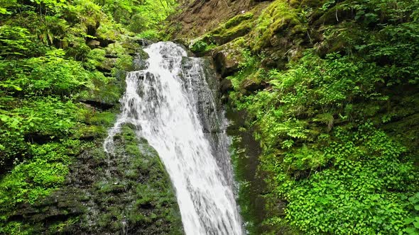 Mountain River Waterfall Flowing Between Rocky Shores in Carpathians Mountains Ukraine alt