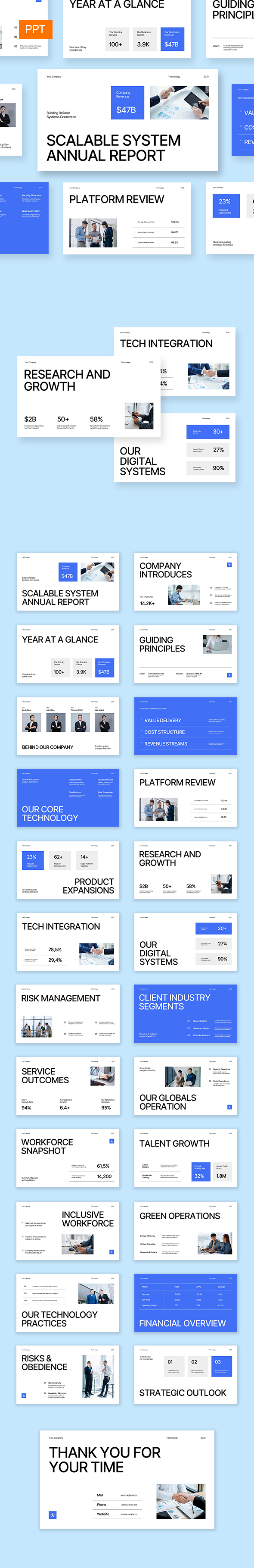 Blue White Technology Company Annual Report Powerpoint Presentation