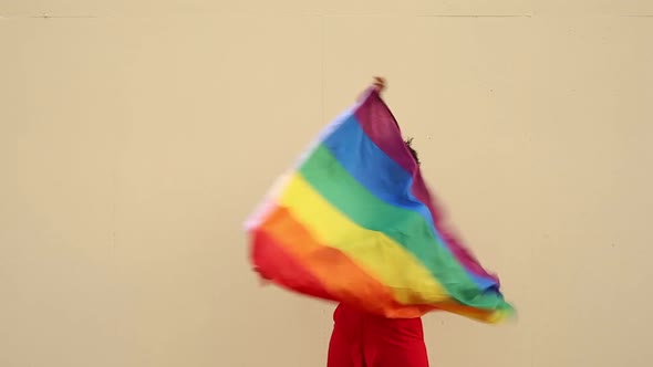 Stylish black woman with LGBTQ flag on light background alt