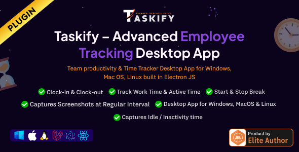 Employee Monitoring - Work, Active, Idle, Break Time & Screenshots - Desktop App Plugin for Taskify