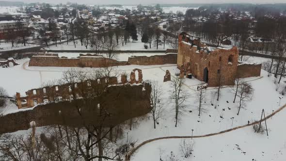 Ruins of Ancient Livonian Order's Stone Medieval Castle Latvia Aerial Drone Top Shot  alt
