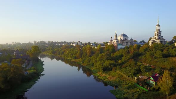 Fly over Tvertsa river in Torzhok, Russia
